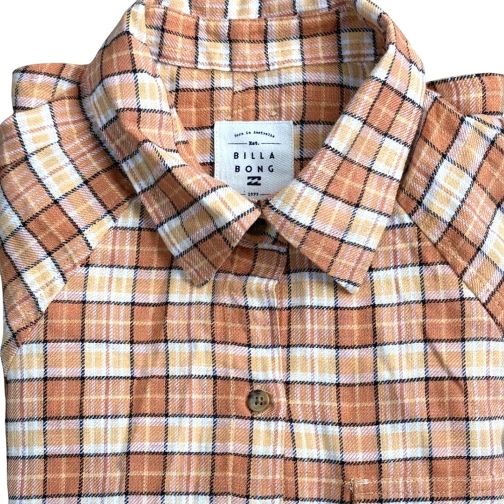 Billabong Orange Plaid Flannel Button Down Shirt Womens Size M Casual Boho Indie
